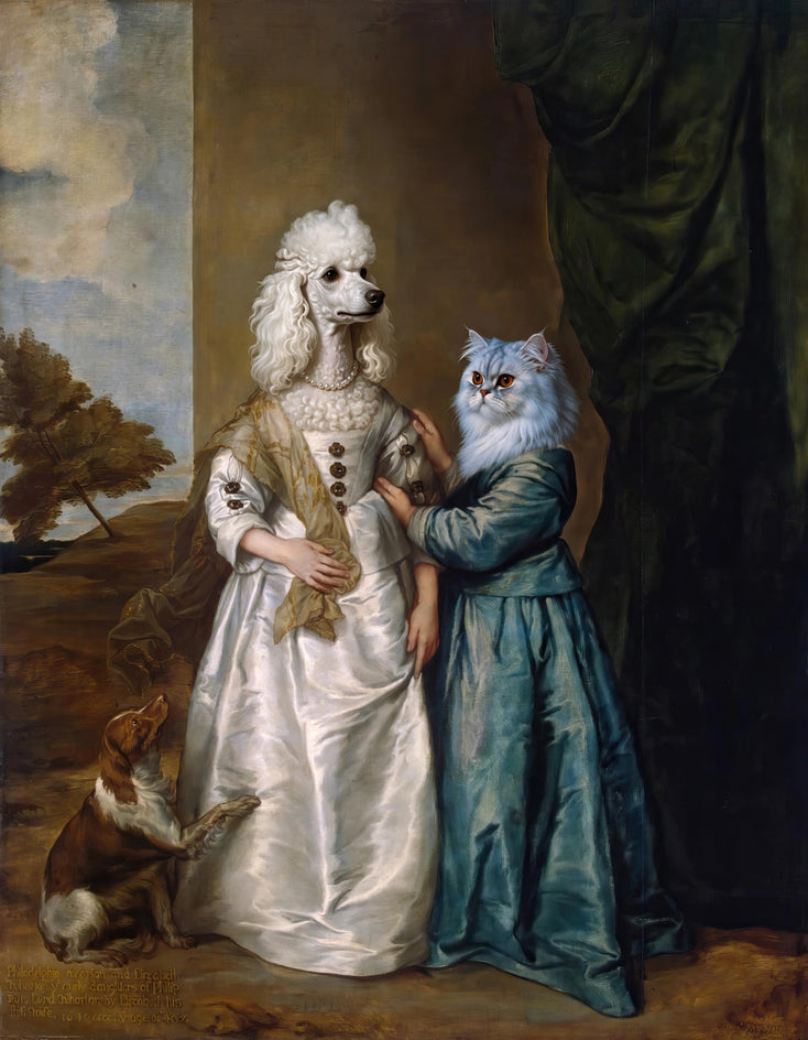 Quadro personalizado de cachorro poodle e gata em vestidos de baile