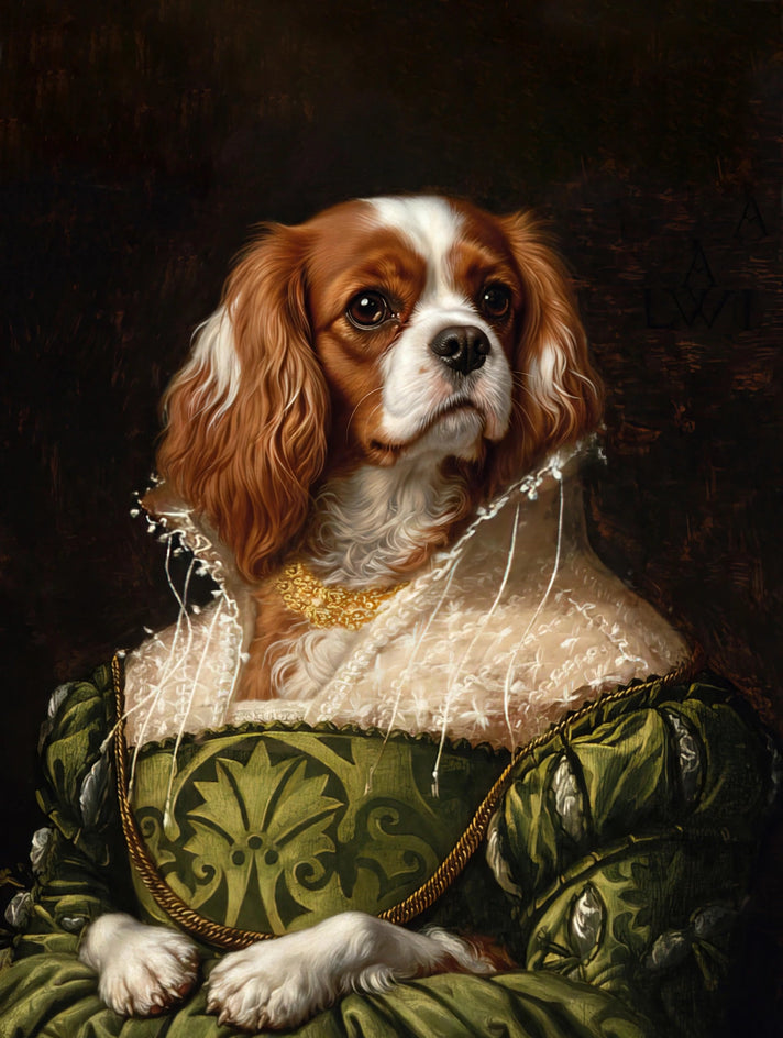 Quadro personalizado de cachorro cavalier como duquesa de vestido verde