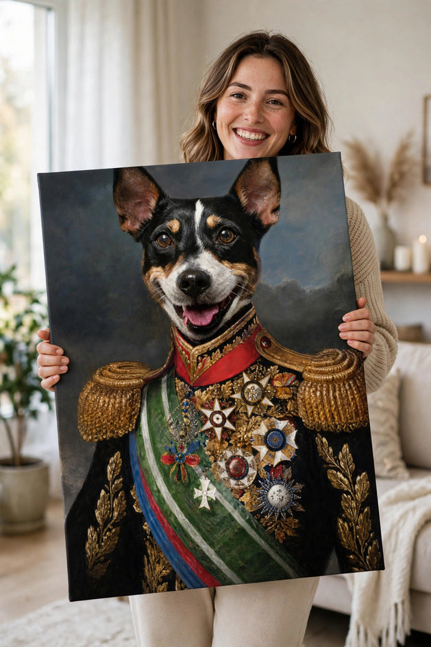 Pessoa segurando o quadro General das Estrelas — Retrato Real Personalizado para Pet no tamanho grande