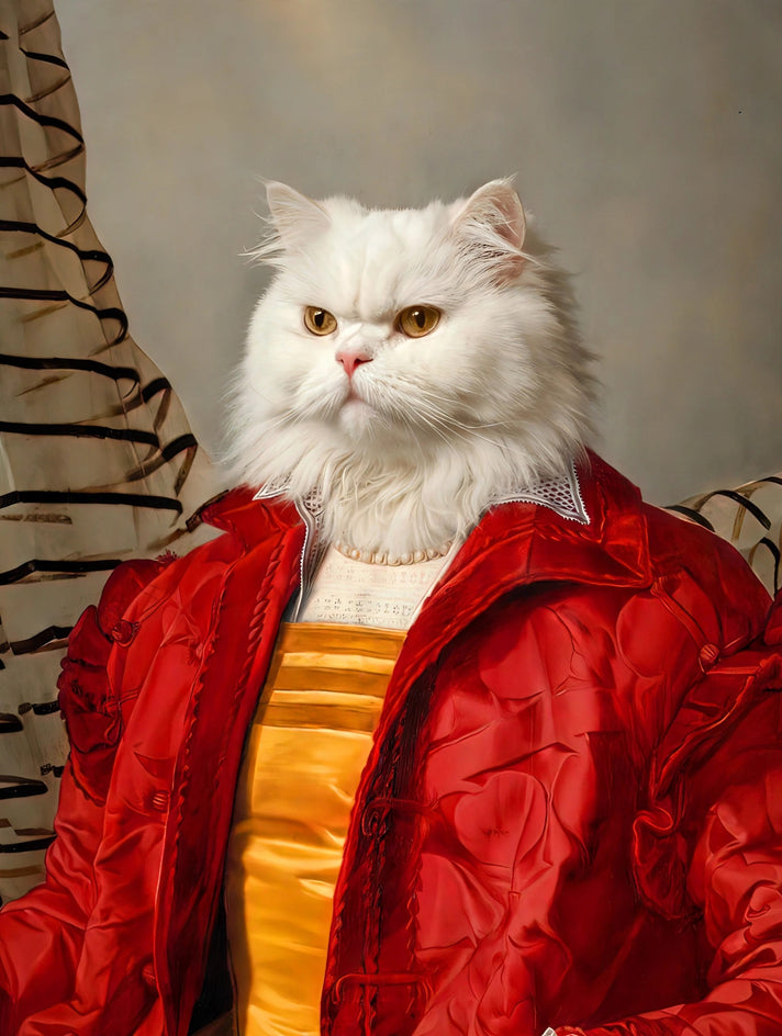 Quadro personalizado de gato com casaco vermelho de brocado sobre vestido dourado de damasco