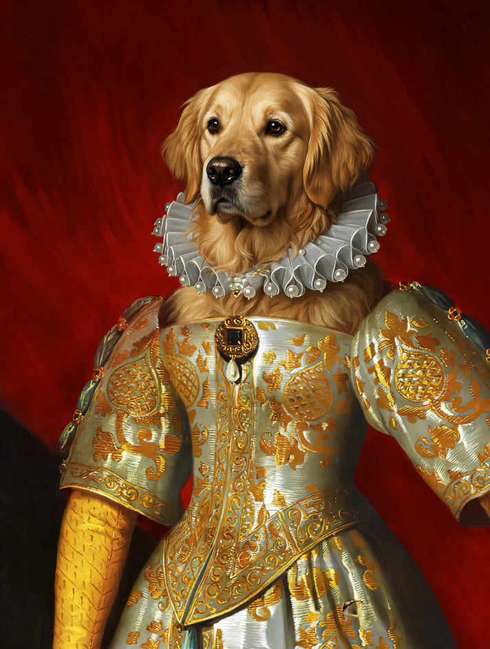 Quadro personalizado de cachorro com traje de brocado dourado com mangas amarelas e gola de babados