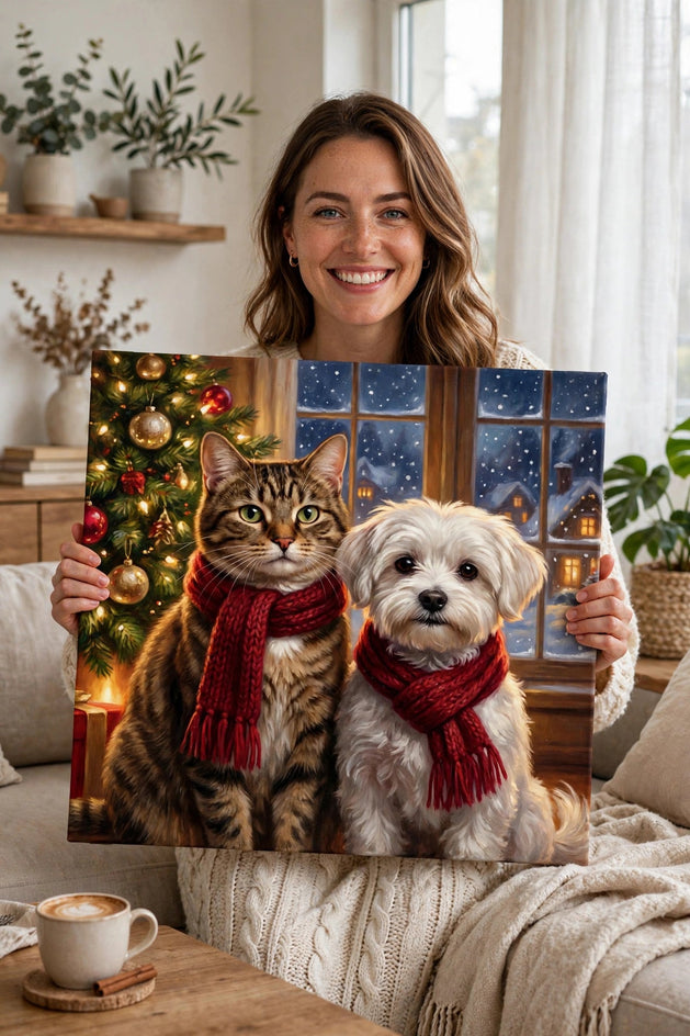 Pessoa segurando o quadro Nosso Natal em Patas — Quadro Personalizado de Gato e Cachorro no tamanho grande