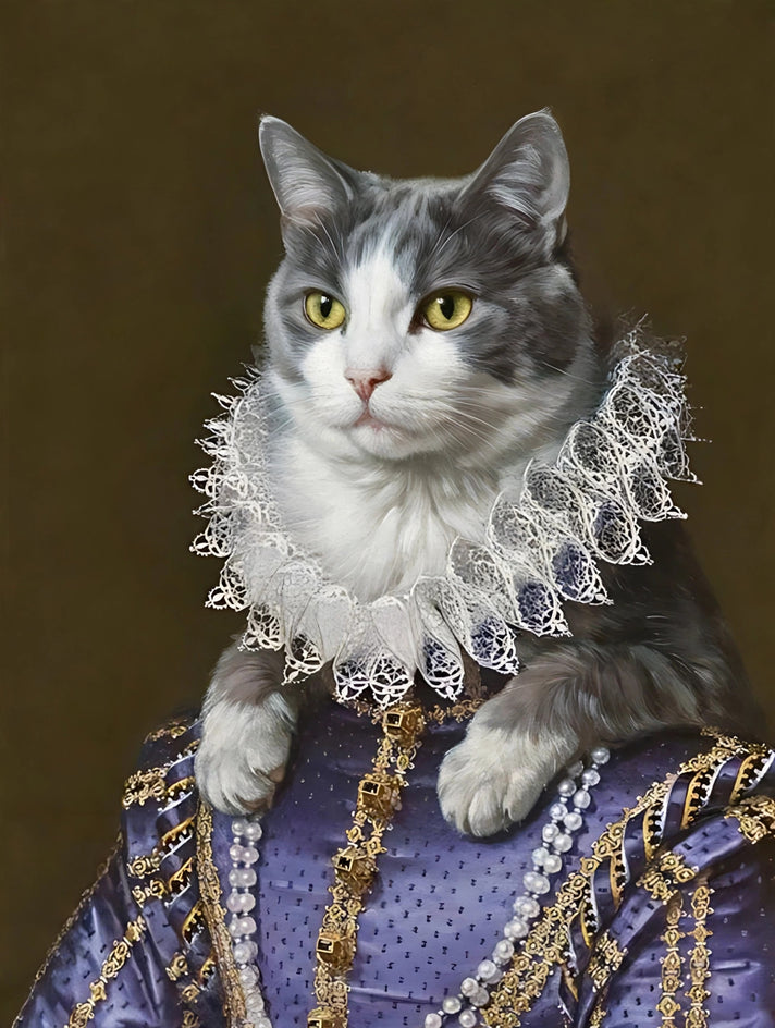 Quadro personalizado de gato com vestido de brocado púrpura com bordados dourados e gola alta de renda branca