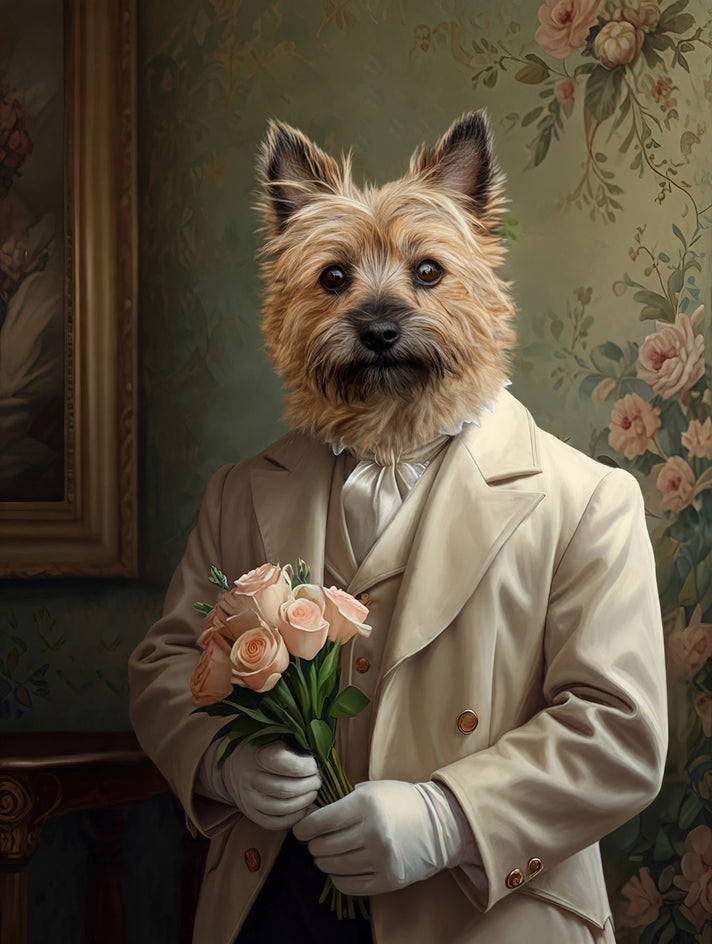 Quadro personalizado de cachorro terrier com buquê de rosas