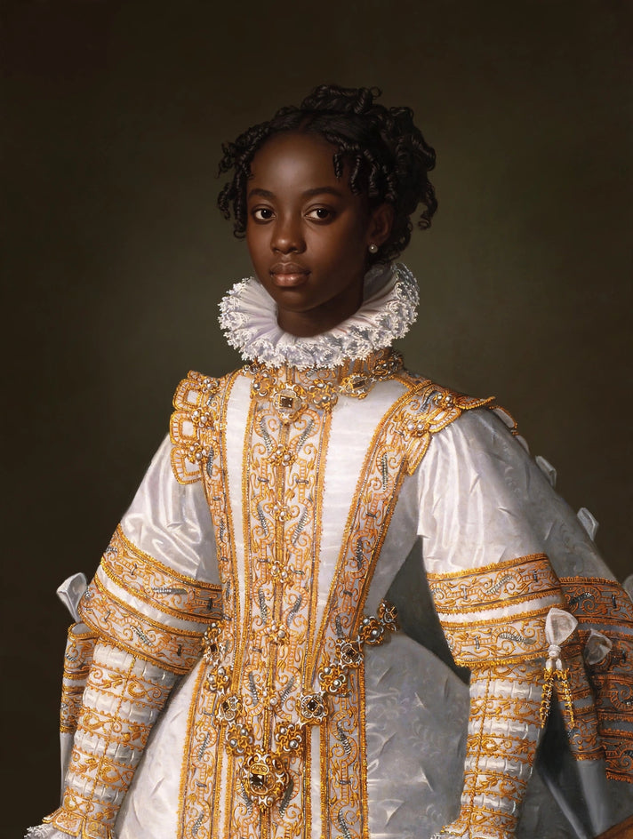 Quadro personalizado de mulher com traje tudor branco e dourado de brocado com bordados delicados e gola de renda