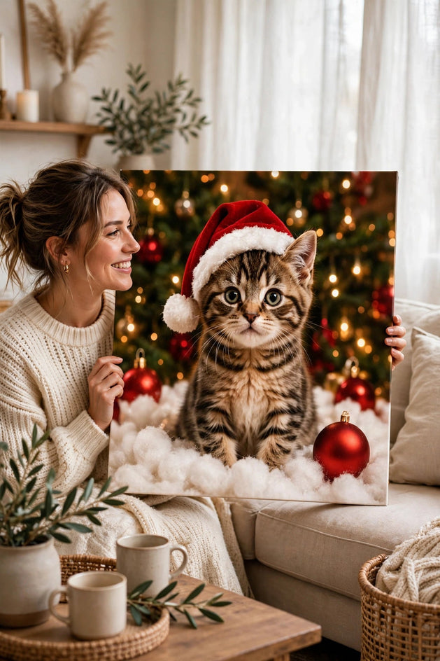 Pessoa segurando o quadro Quadro de Natal Personalizado — Gatinho na Neve no tamanho grande