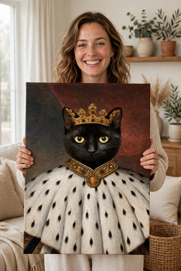 Pessoa segurando o quadro Rei da Noite — Retrato Real Personalizado para Gato no tamanho grande