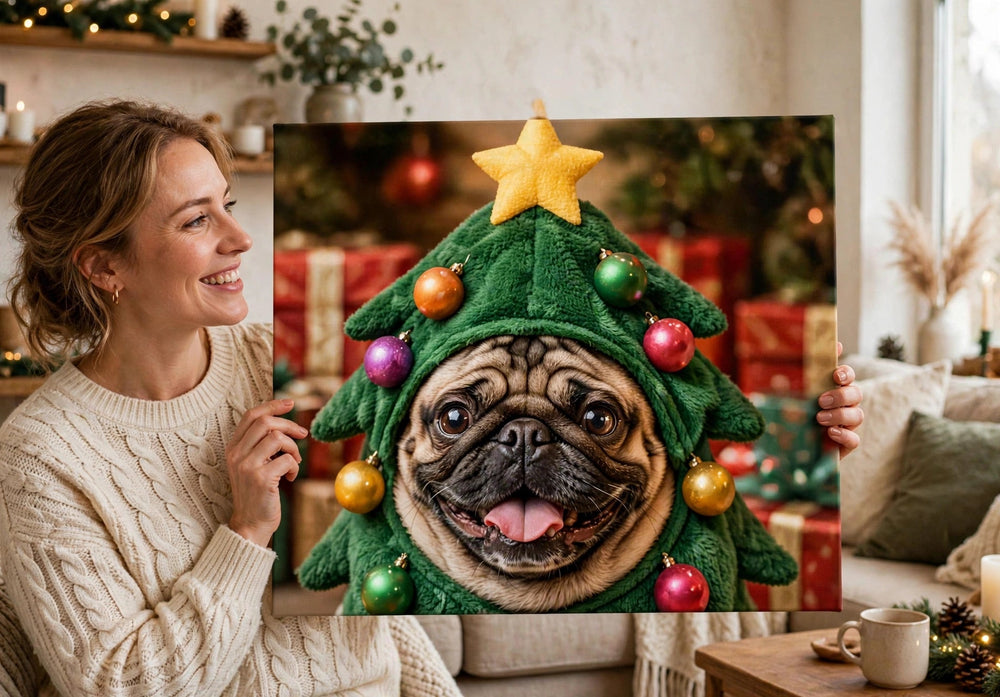 Pessoa segurando o quadro Quadro de Natal Personalizado — Pug Árvore de Natal no tamanho grande