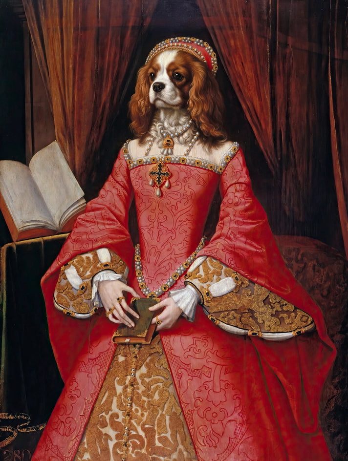 Quadro personalizado de cachorro cavalier como princesa em manto Tudor vermelho
