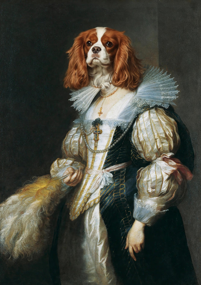 Quadro personalizado de cachorro cavalier com vestido azul-petróleo de duquesa