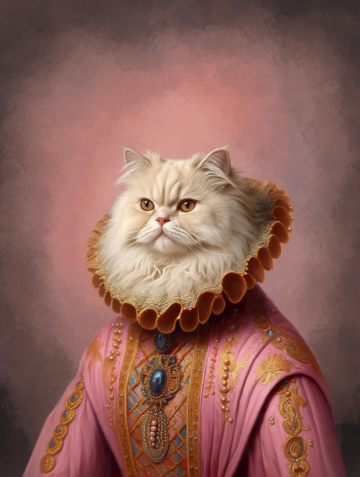 Quadro personalizado de gato persa em vestido rosa brocado