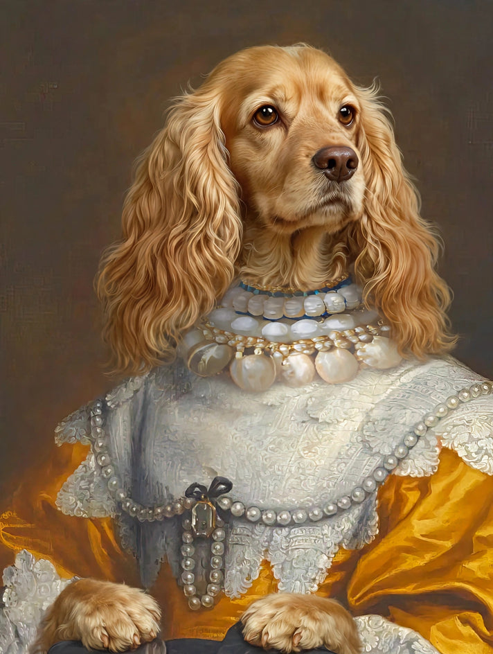 Quadro personalizado de cachorro com vestido de cetim dourado com gola alta de renda