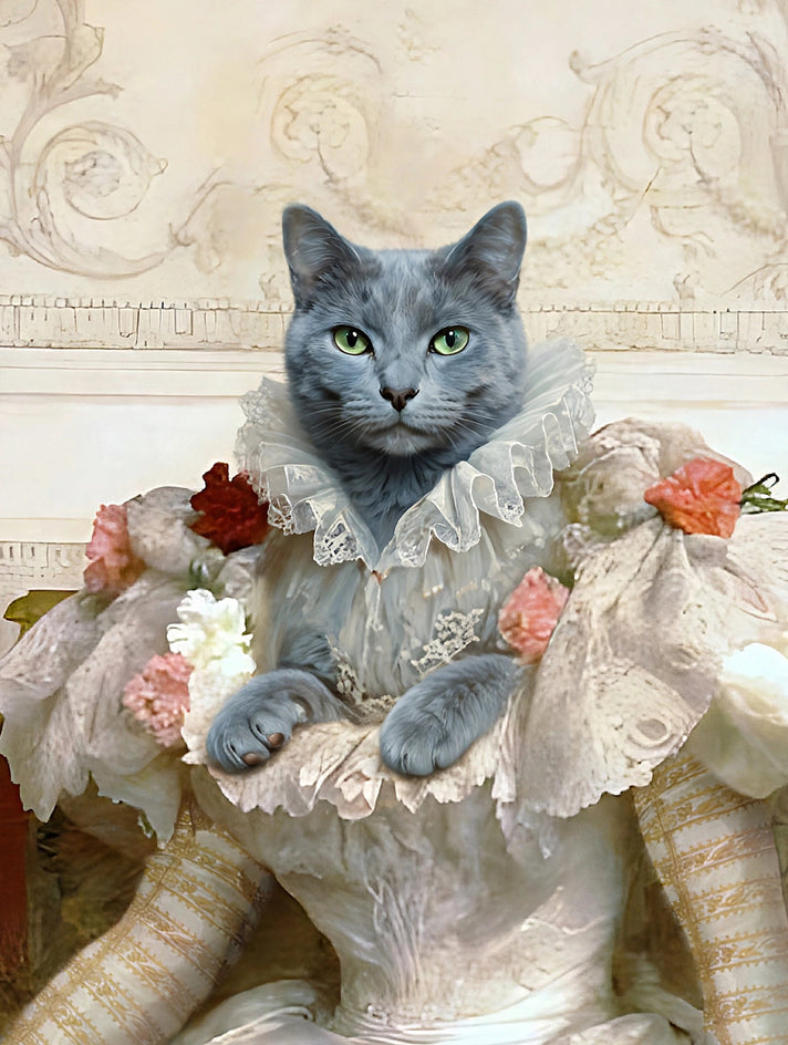 Quadro personalizado de gato com vestido branco de babados e renda com flores rosas e vermelhas nos ombros