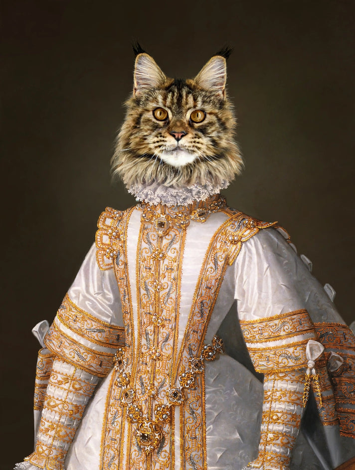 Quadro personalizado de gato com traje tudor branco e dourado de brocado com bordados delicados e gola de renda