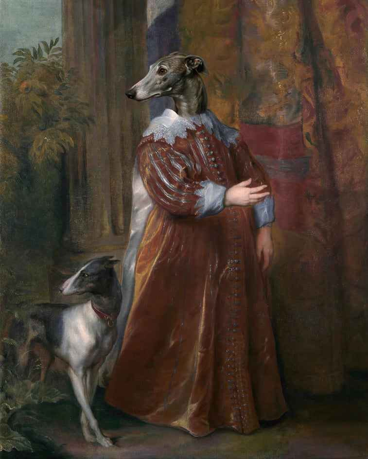 Quadro personalizado de cachorro galgo como cortesã em brocado vermelho