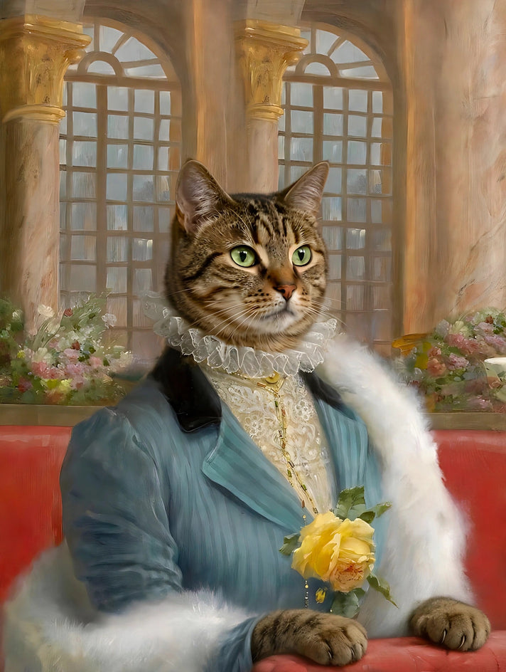 Quadro personalizado de gato com casaco azul e rosa amarela