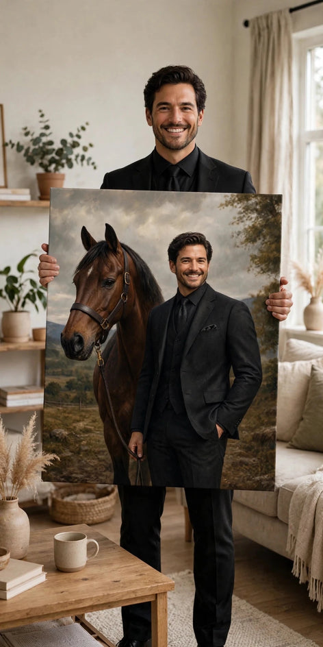 Pessoa segurando o quadro Homem Cavalheiro Equestre — Quadro Personalizado de Homem no tamanho grande