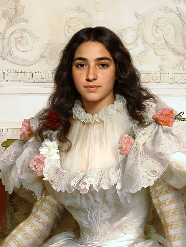 Quadro personalizado de mulher com vestido branco de babados e renda com flores rosas e vermelhas nos ombros