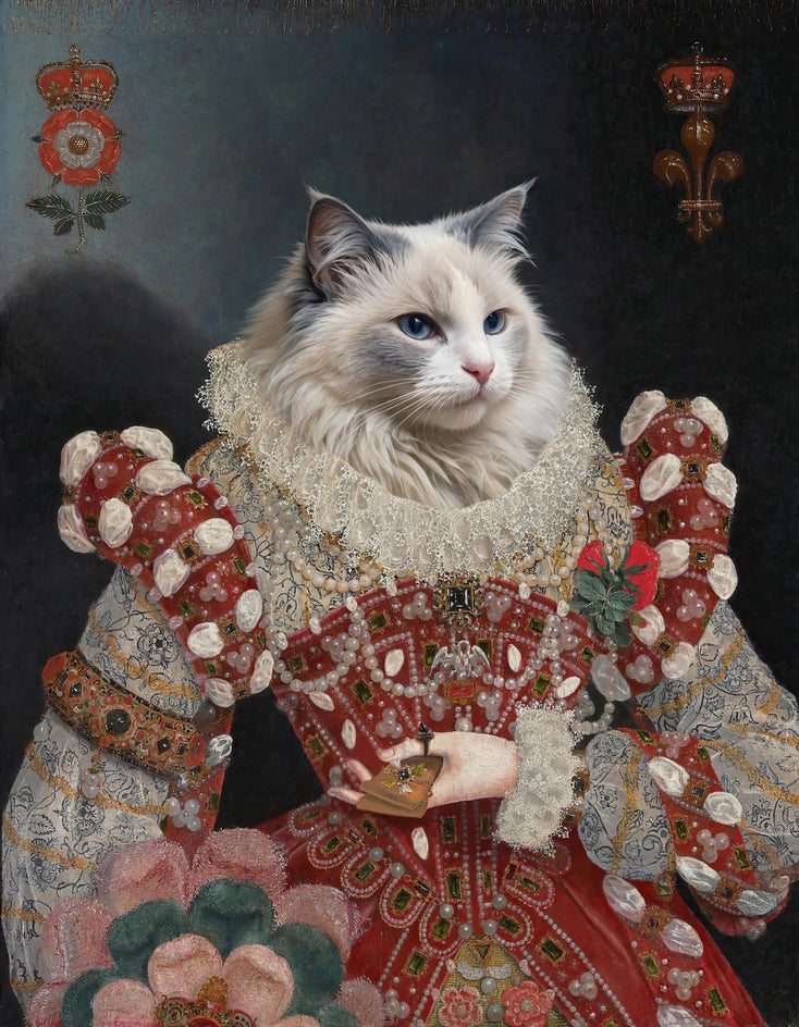 Quadro personalizado de gata branca rainha de vestido vermelho