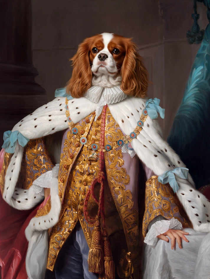 Quadro personalizado de cachorro cavalier como rei em manto de coroação com arminho