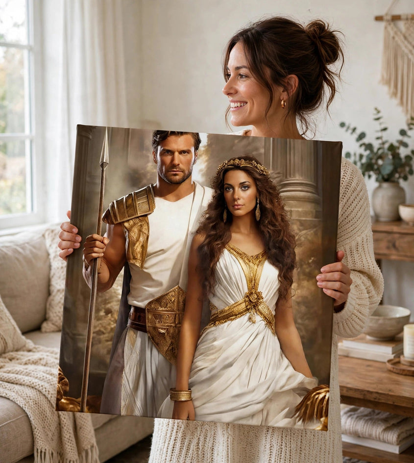 Pessoa segurando o quadro Quadro Personalizado de Casal — Deuses Antigos no tamanho grande