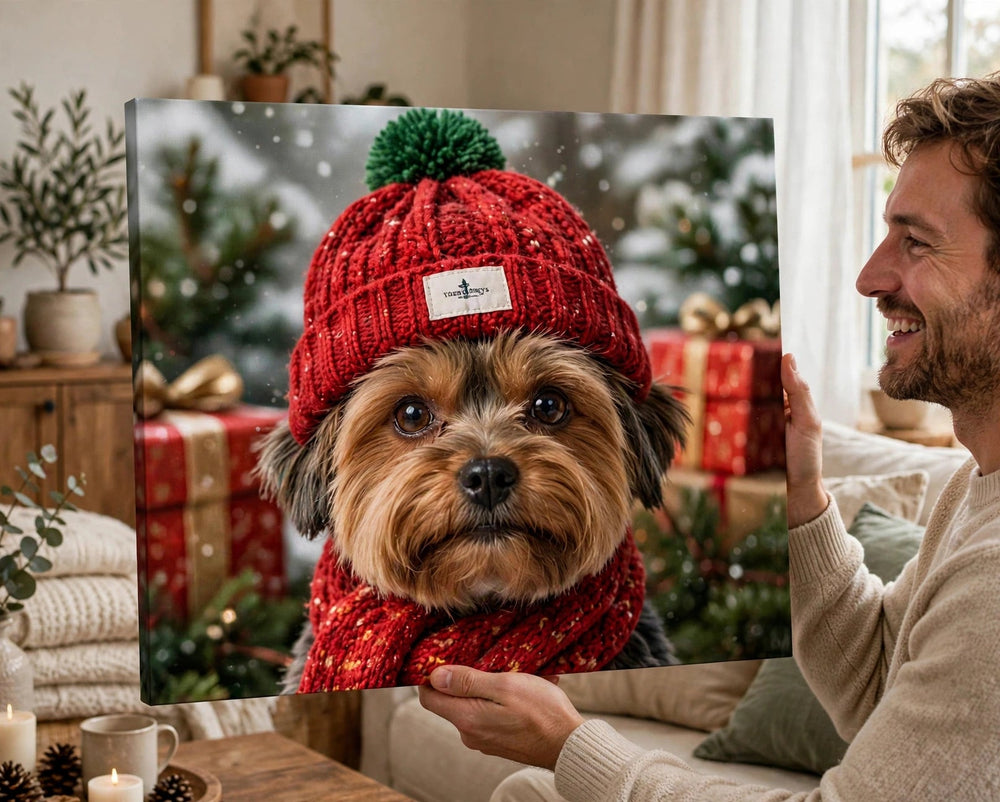 Pessoa segurando o quadro Quadro de Natal Personalizado — Touca de Tricô no tamanho grande