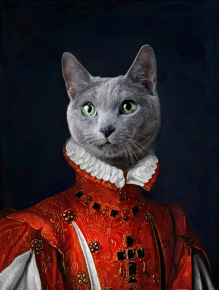 Quadro personalizado de gato com gibão vermelho de brocado com bordados
