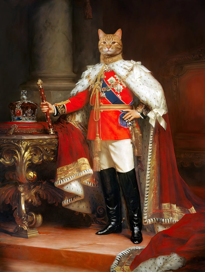 Quadro personalizado de gato em uniforme escarlate de guarda real