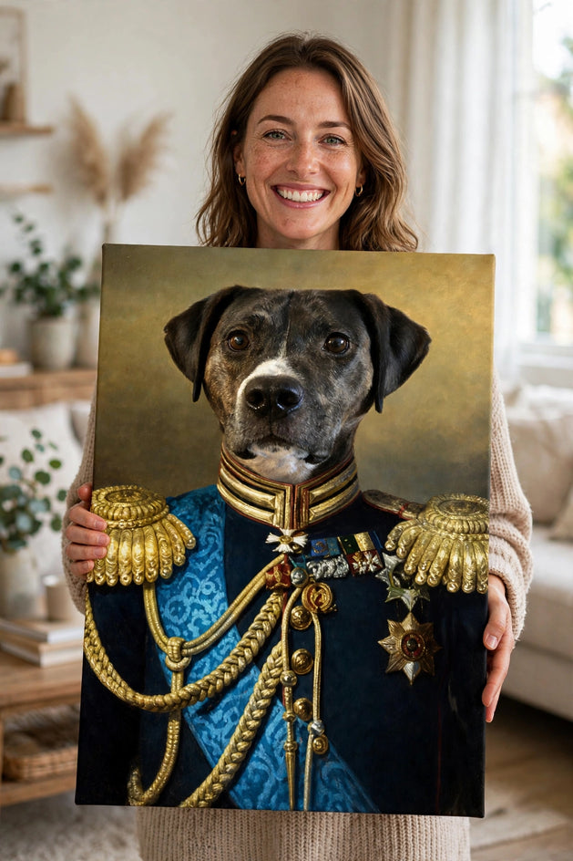 Pessoa segurando o quadro Coronel Faísca — Retrato Real Personalizado para Pet no tamanho grande
