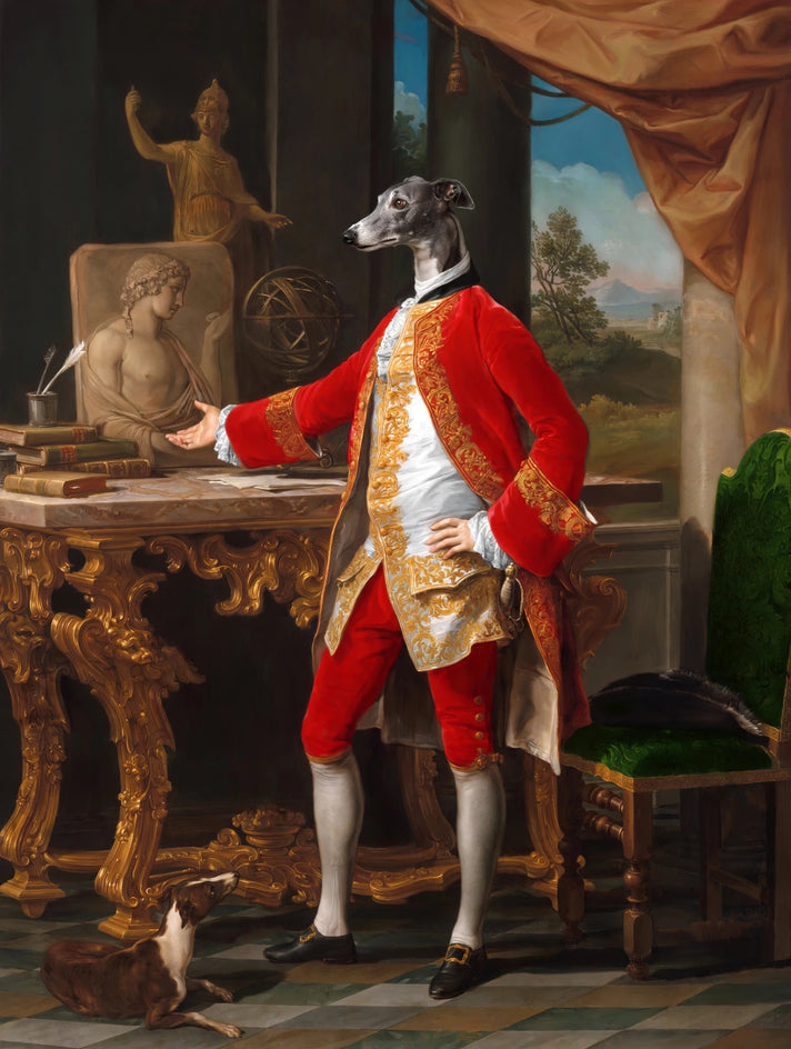 Quadro personalizado de cachorro galgo como aristocrata em traje de corte vermelho