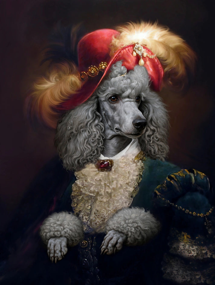 Quadro personalizado de cachorro com chapéu de cavalheiro vermelho com plumas douradas