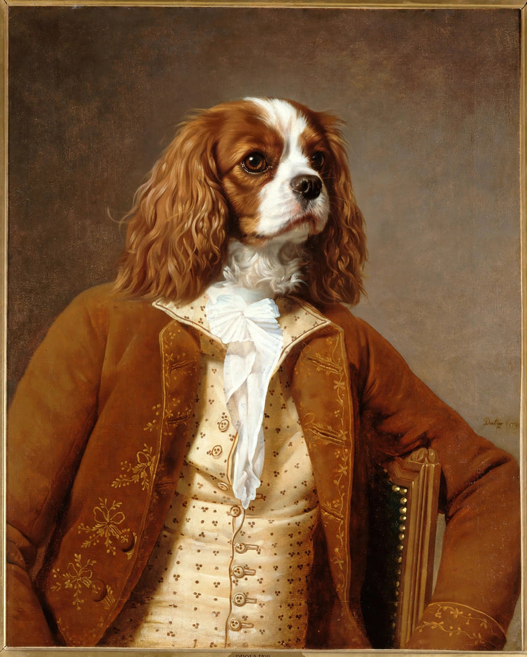 Quadro personalizado de cachorro cavalier como fidalgo em casaco marrom