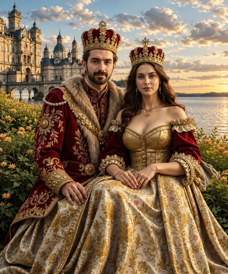 Casal retratado como rei e rainha, com coroas e trajes ornamentados diante de um castelo.