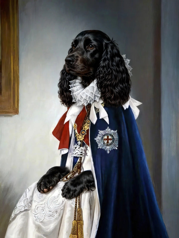 Quadro personalizado de cachorro com manto cerimonial azul-marinho com medalha de estrela