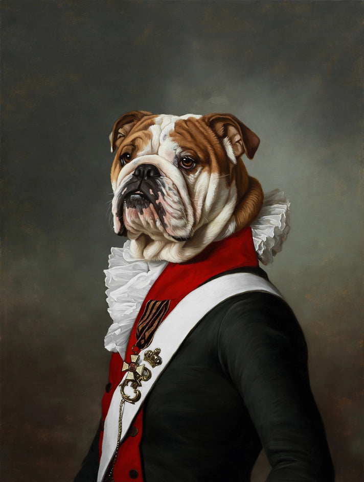 Quadro personalizado de cachorro bulldog inglês com faixa vermelha