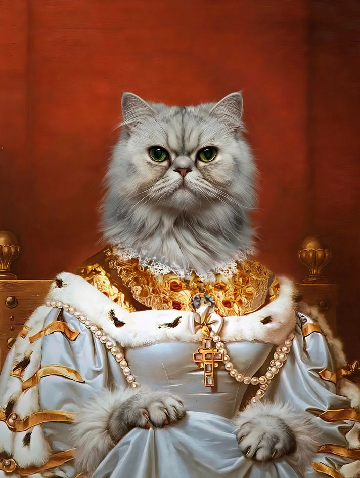 Quadro personalizado de gata persa como rainha de vestido branco e dourado