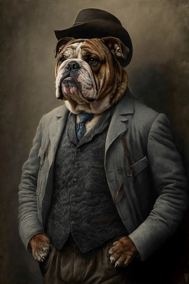 Quadro personalizado de cachorro bulldog inglês com terno cinza