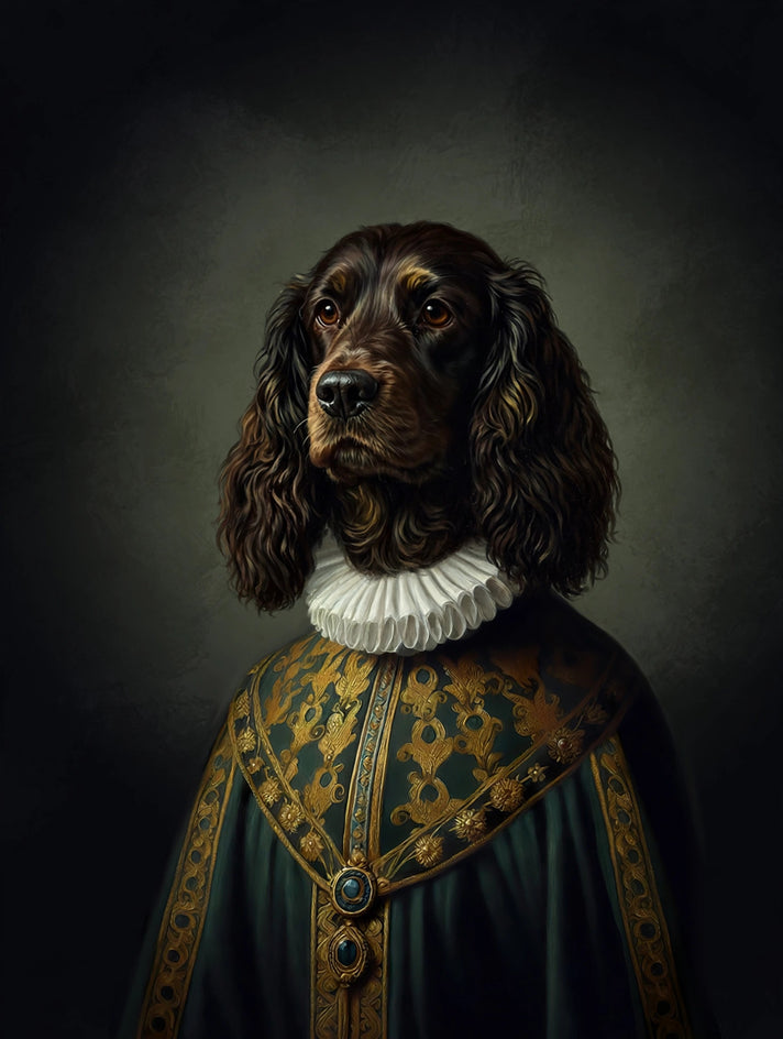 Quadro personalizado de cachorro spaniel com manto verde-esmeralda