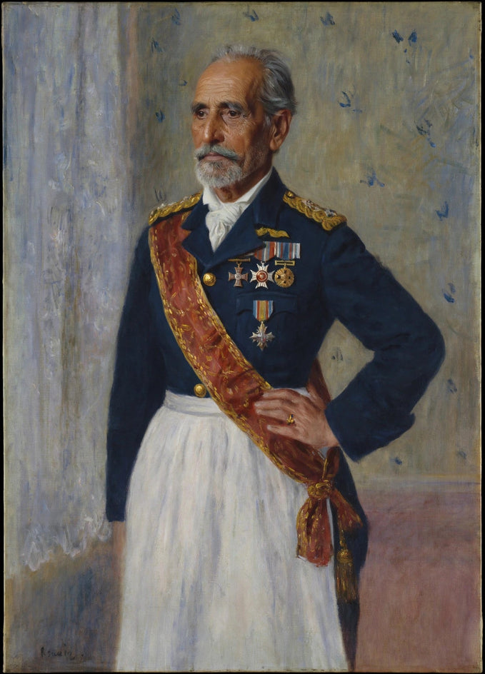 Retrato pintado de um homem idoso com cabelo e barba grisalhos, uniforme azul-marinho, dragonas douradas, faixa vermelha, medalhas e avental branco.