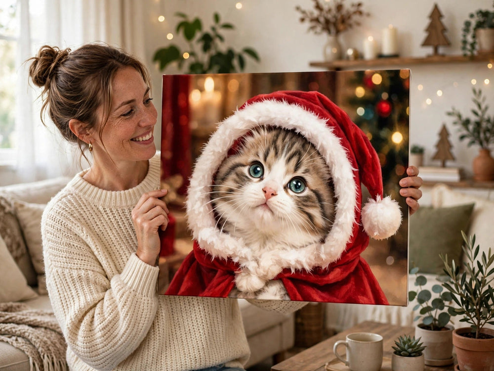Pessoa segurando o quadro Quadro de Natal Personalizado — Capa de Noel no tamanho grande