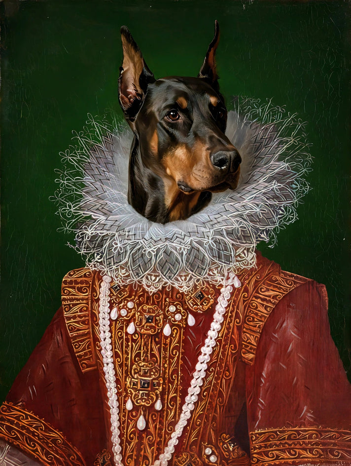 Quadro personalizado de cachorro com casaco vermelho de brocado com gola alta de babados e fios de pérolas