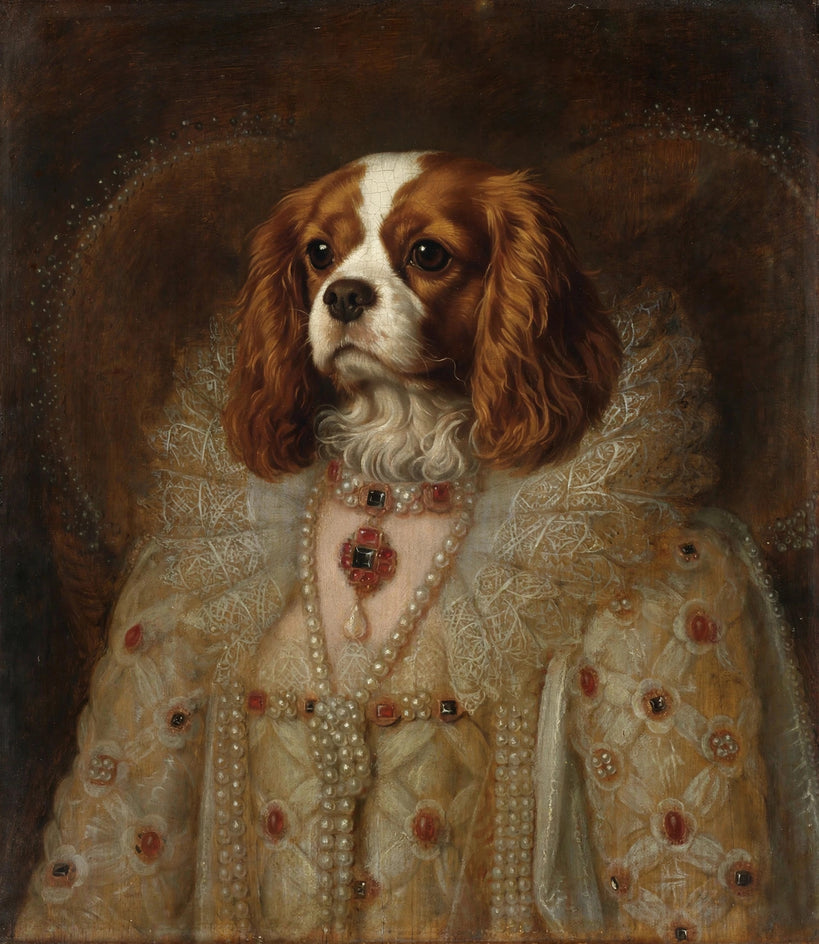 Quadro personalizado de cachorro cavalier como rainha em vestido de pérolas