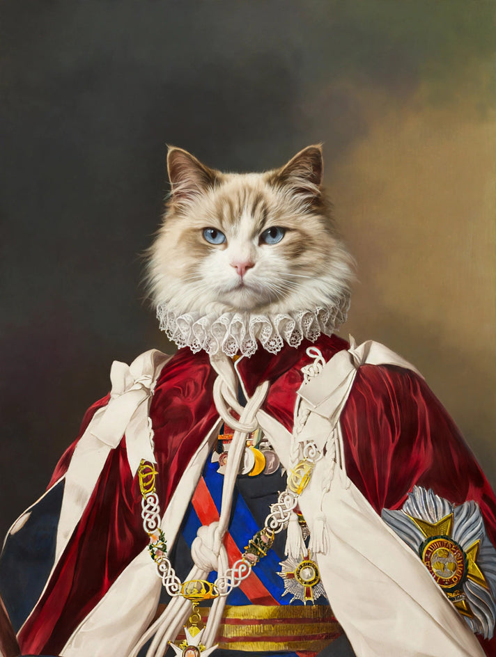 Quadro personalizado de gato com manto cerimonial vermelho com forro de arminho