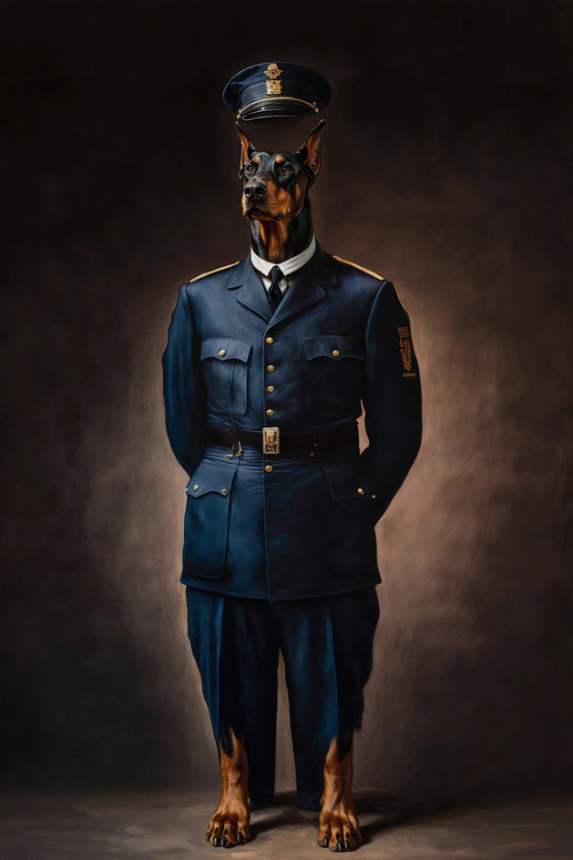 Quadro personalizado de cachorro doberman com farda azul de policial