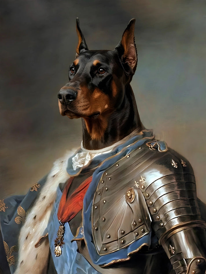 Quadro personalizado de cachorro dobermann cavaleiro de armadura de aco