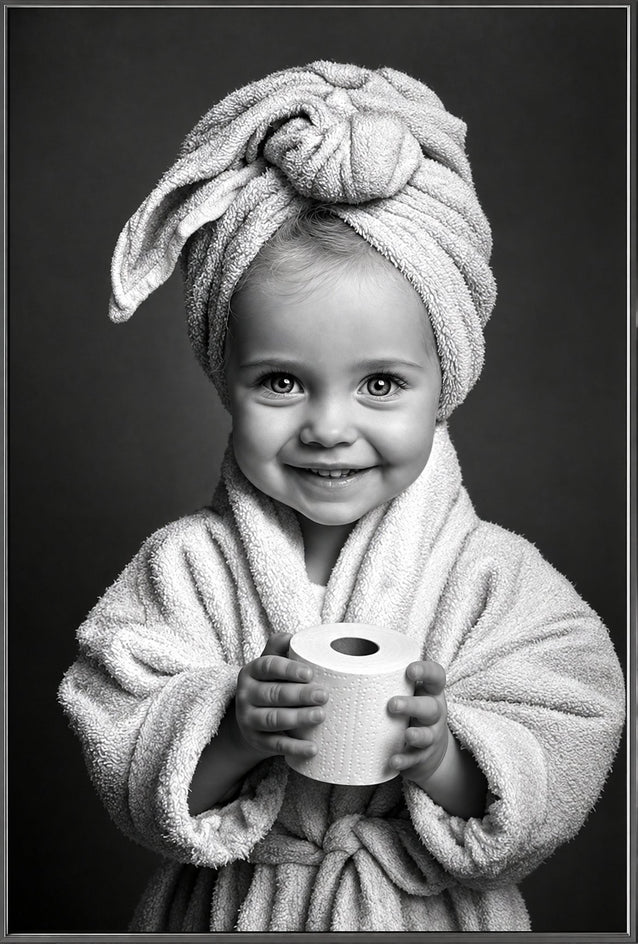Retrato em preto e branco de um bebê sorrindo, usando roupão e toalha enrolada na cabeça, segurando um rolo de papel higiênico.