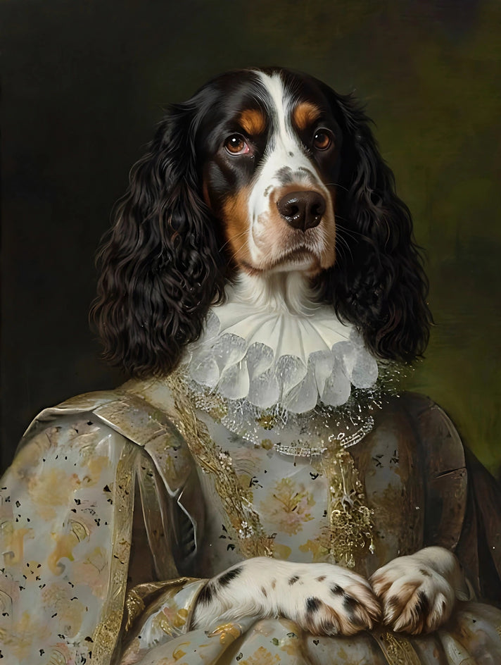 Quadro personalizado de cachorro com casaco de brocado dourado com gola branca alta de babados