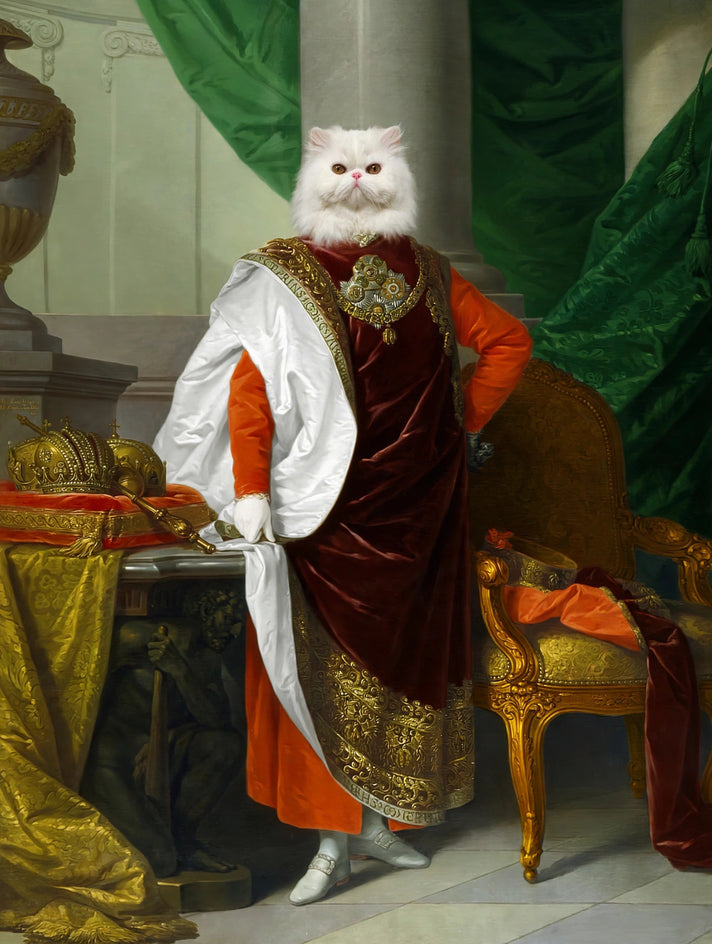 Quadro personalizado de gato com manto de coroação rubro