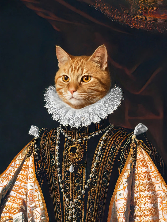 Quadro personalizado de gato com traje tudor preto e dourado de brocado com fios de pérolas e gola de babados