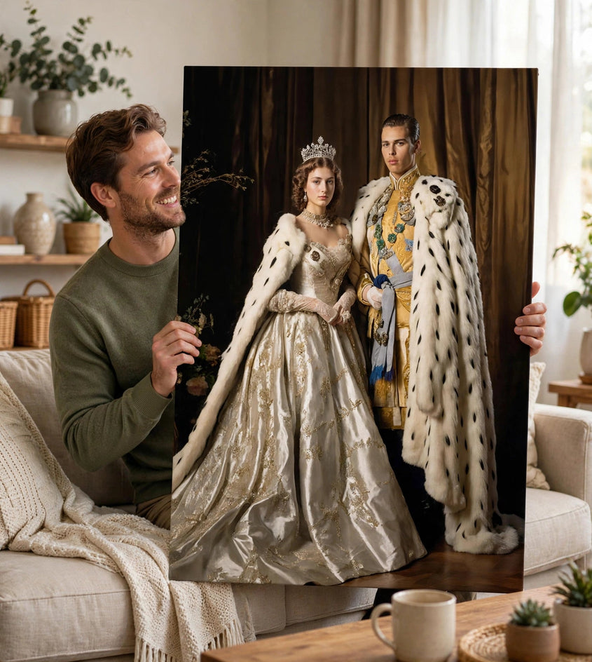 Pessoa segurando o quadro Quadro Personalizado de Casal — Realeza em Branco e Ouro no tamanho grande
